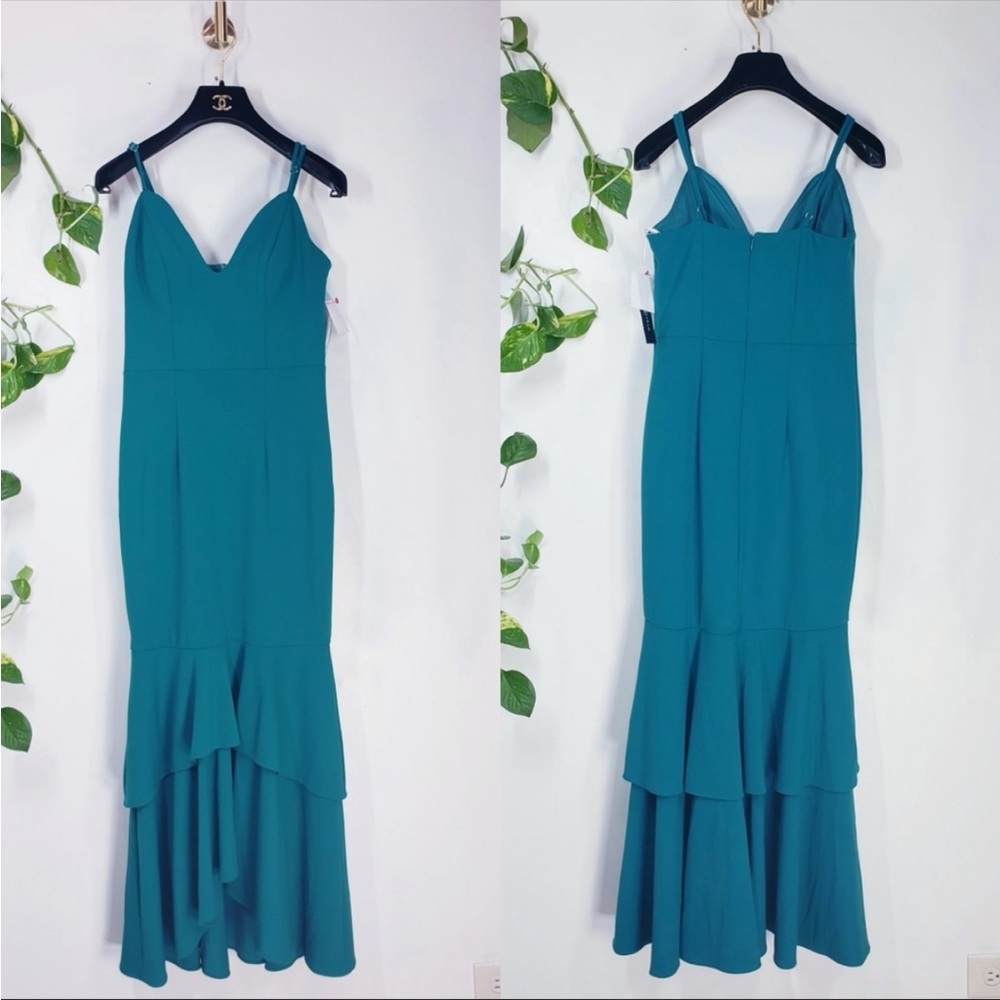 BETSY AND ADAM Blue Tiered Midi Dress XS Sweetheart Ruffles Trumpet Layered